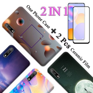 2 IN 1 Honor 9X เคสพิมพ์ลาย นิ่ม พร้อมตัวป้องกันหน้าจอ เซรามิค แบบโค้ง กระจกนิรภัย