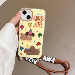 เคสโทรศัพท์มือถือแบบแข็ง ลายลูกสุนัขน่ารัก พร้อมสายคล้อง สําหรับ iPhone 11 12 13 14 15 Pro Max 12 Pro 13ProMax 14 Pro 15