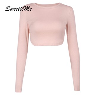 Sweeticme ใหม่ เสื้อครอปลําลอง แขนยาว คอกลม ทรงสลิมฟิต แฟชั่นสําหรับสตรี 2023