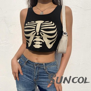 Suncol- เสื้อครอปท็อป คอกลม แขนกุด พิมพ์ลายโครงกระดูก สําหรับผู้หญิง