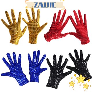 Zaijie24 ถุงมือเต้นรํา ปักเลื่อม สีดํา สีเงิน สีแดง สีฟ้า