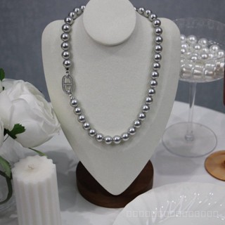 0916SPSDY Rhinestone Pig Nose Cool Platinum Gray Really Many Hemp Genuine Shijia Pearl Necklace 10mm Strong Light Perfect Circle High-Grade Sense FNBA