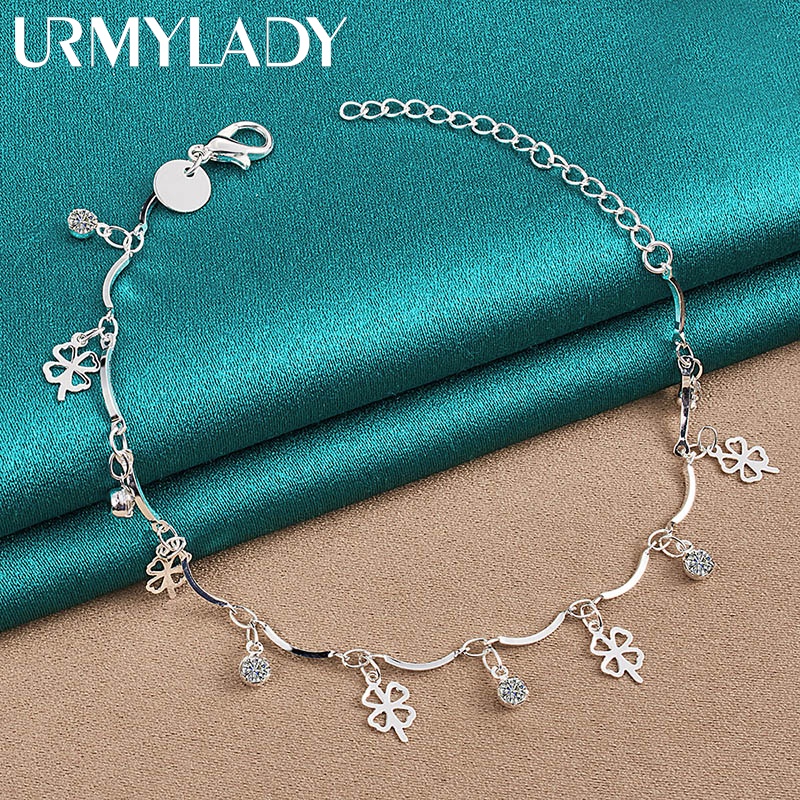 Urmylady สร้อยข้อมือเงินแท้ 925 จี้เพทาย รูปใบโคลเวอร์สี่แฉก ทรงกลม เครื่องประดับแฟชั่น สําหรับผู้หญิง งานแต่งงาน ปาร์ตี้