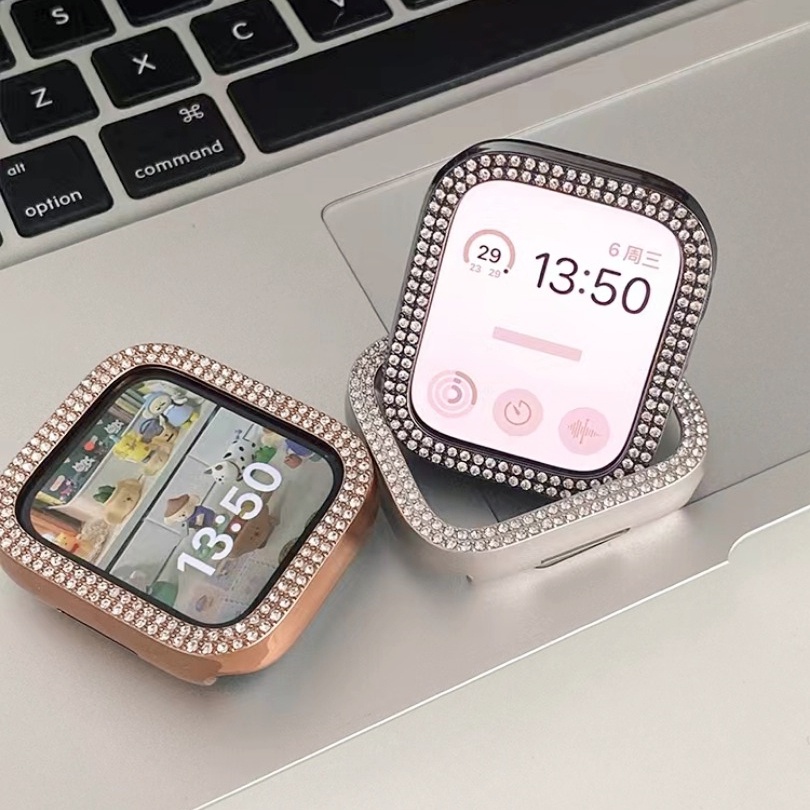 เคสป้องกันเพชร พร้อมกระจกนิรภัย สําหรับ Apple Watch series9 Ultra 2 8 7 SE 49 มม. 45 มม. 41/40 มม. 44 มม. iWatch 38 มม. 42 มม. 6 5 4 3 2 1