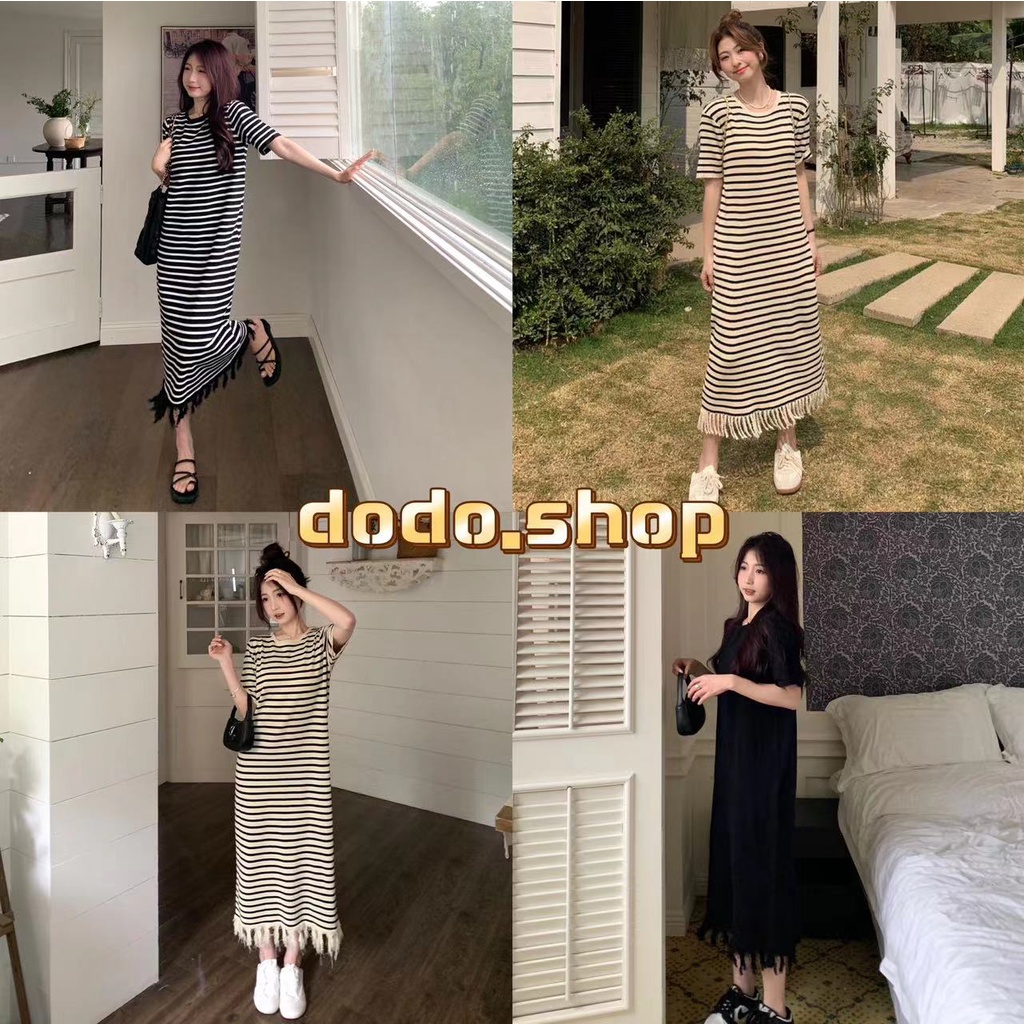 DODOสินค้าใหม่พร้อมส่ง** เดรสไหมพรมถัก คอกลมทรงหลวมเรียบง่ายลายทางแต่งชายสุดเก๋(15CX20/5008)