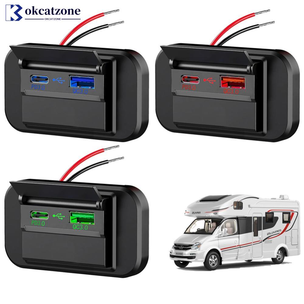 Okcatzone อะแดปเตอร์ซ็อกเก็ตชาร์จรถบัส QC3.0 PD Type C พอร์ต USB คู่ 12V 24V พร้อมสาย สําหรับรถจักรย