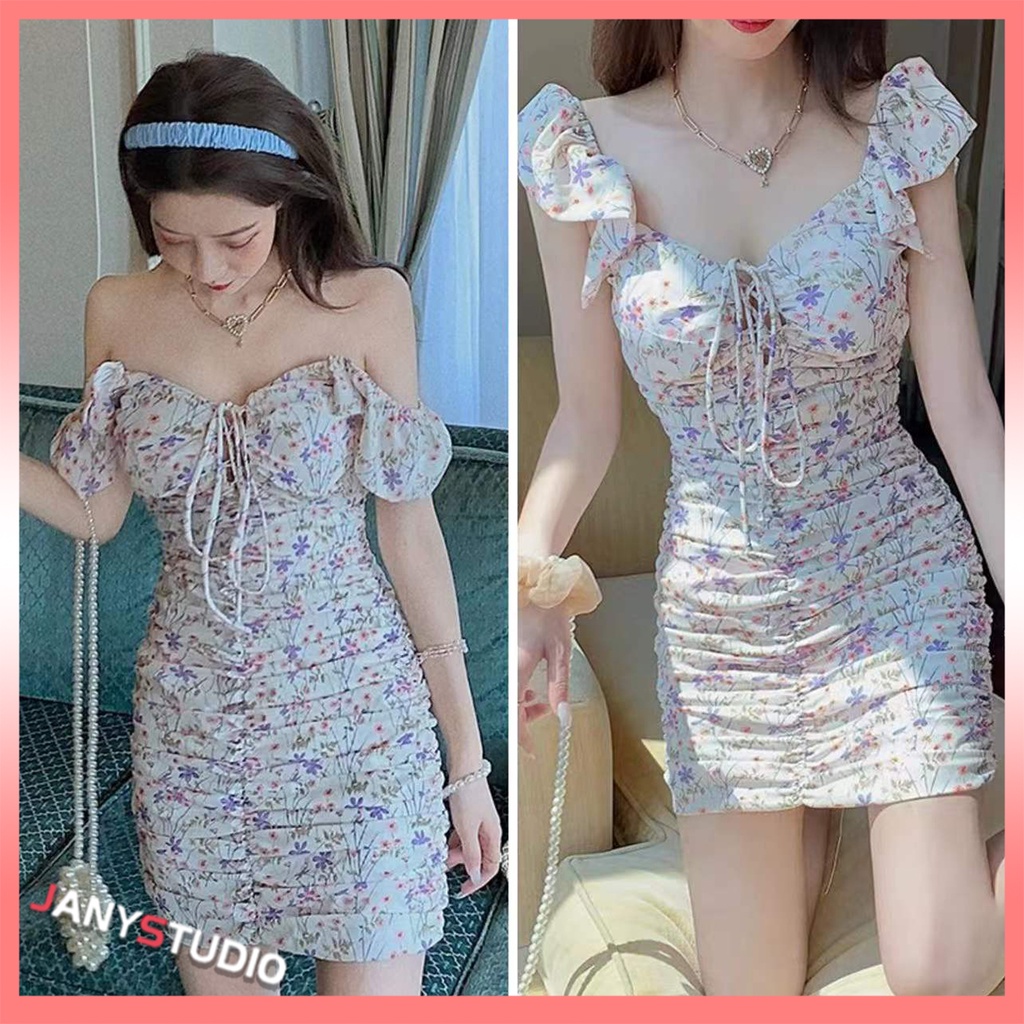 พร้อมส่ง เดรสสั้นลายดอกไม้ ชุดเดรสกระโปรงสั้น น่ารักหวาน