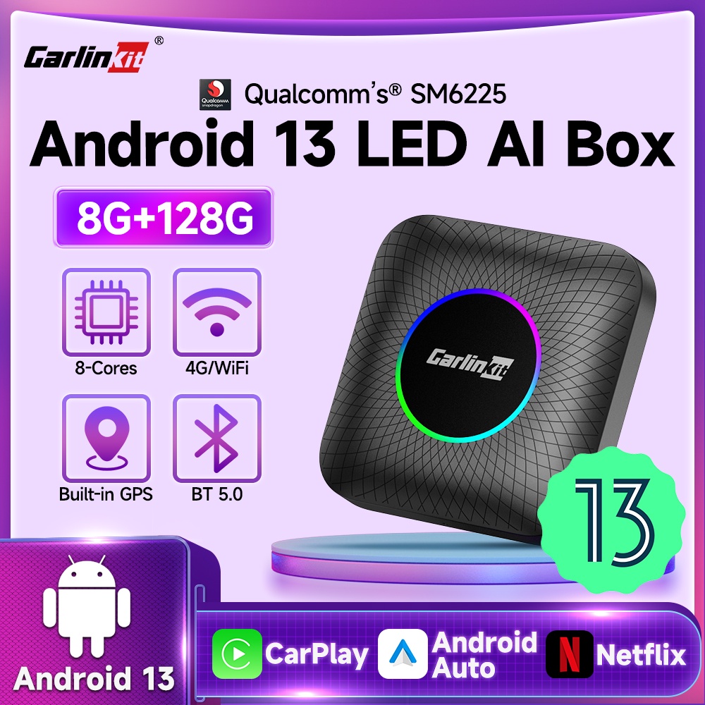 Carlinkit Carplay AI Box Plus LED Android 13 8+128GB QCM6225 ทีวีไร้สาย 8-core Auto YouTube Netflix 