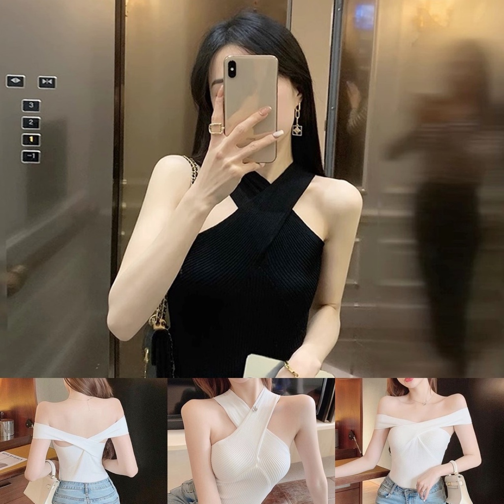 F1🚀ส่งไว เสื้อไหมพรมร่อง ทรงสายใหญ่ทรงไขว้คอ 2 สี ใส่ปาดไหล่ก็ได้