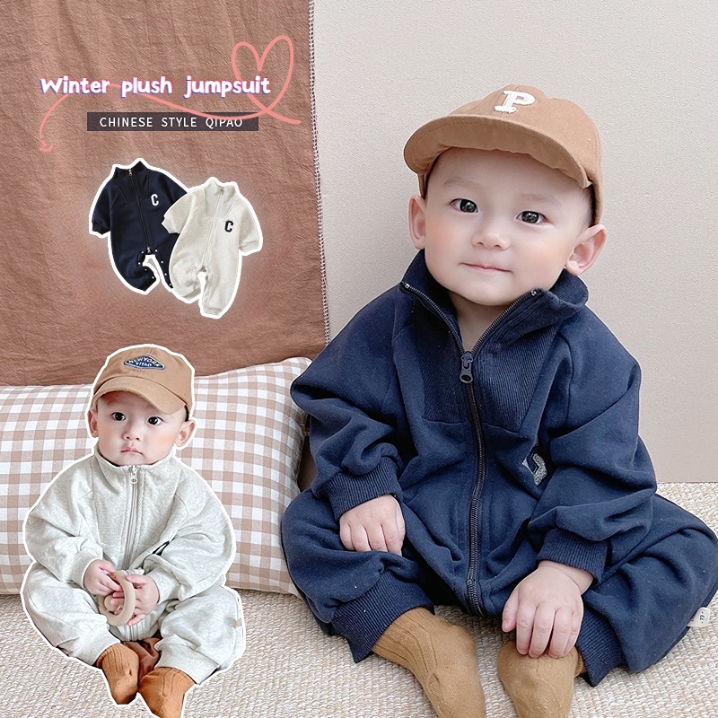 [ไม่มีขนแกะ] ฤดูใบไม้ผลิและฤดูใบไม้ร่วงใหม่เสื้อผ้าเด็กทารกชั้นเดียวบอดี้สูทแขนยาว 0-36 เดือนหล่อสไตล์เรียบง่ายจดหมายสไตล์เกาหลี ชุดรอมเปอร์