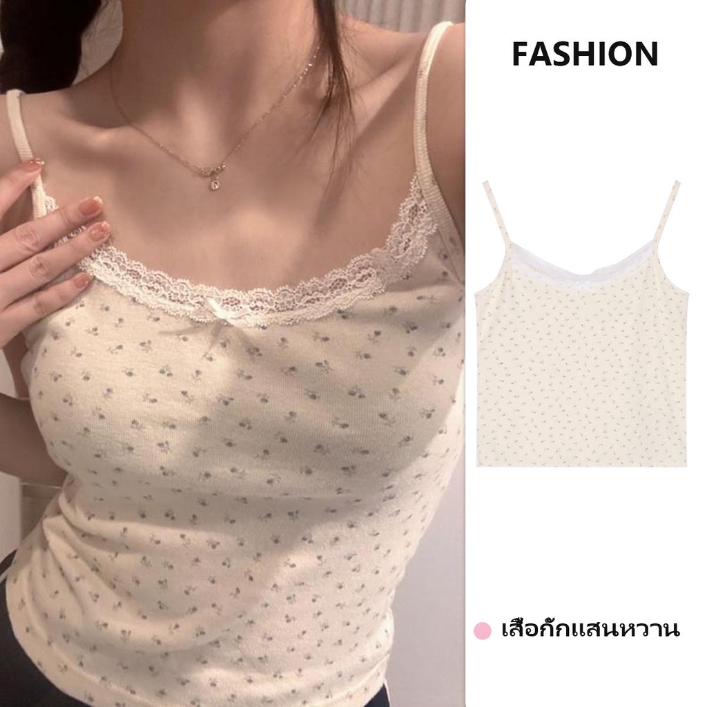 mimi&didi เสื้อสายเดี่ยว เสื้อครอปสาวอวบ แสนหวาน ลําลอง ผ้ายืด ลายดอกไม้ แต่งขอบลูกไม้ X8596