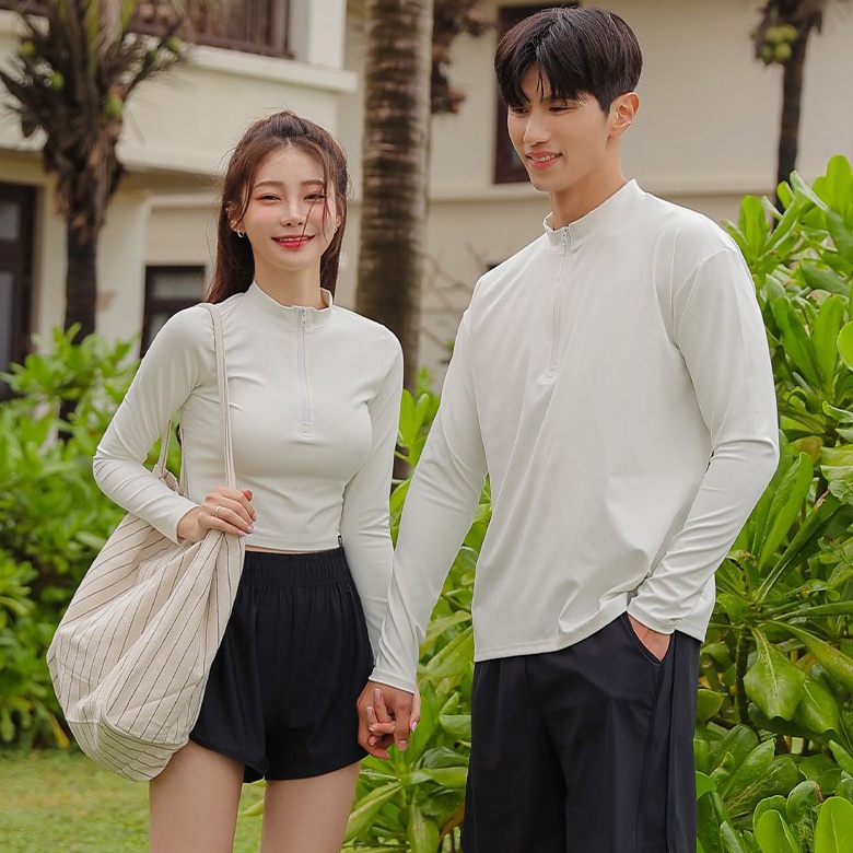 ชุดว่ายน้ําแขนยาว ป้องกันแดด แฟชั่นคู่รัก สไตล์เกาหลี สําหรับผู้หญิง และผู้ชาย