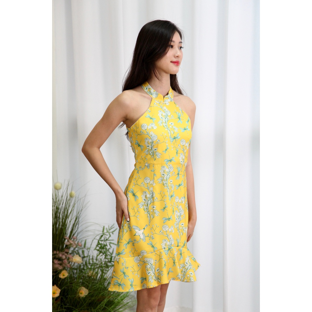 Dragonfly Peony สุภาพสตรี Halter คอ Ruffle Hem Cheongsam ชุด