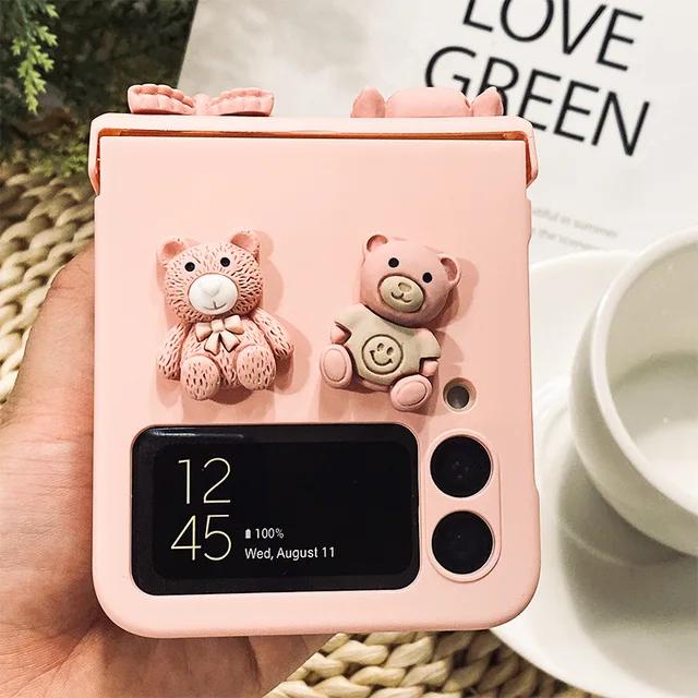 สําหรับ Samsung Galaxy Z Flip 6 5 4 3 Zflip5 zflip4 flip6 5G แฟชั่นน่ารักการ์ตูนหวานโบว์ลูกอมหมีบานพับป้องกันกรณีฝาครอบ
