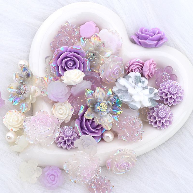 10 ชิ้น / เซต บาร็อค สีม่วง ซีรีส์กุหลาบ เรซิน ด้านหลังแบน โฮมเมด DIY เคสโทรศัพท์ วัสดุครีม เจล เชือกคาดศีรษะ อุปกรณ์ทํา