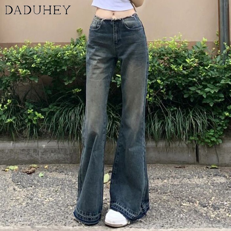 DaDuHey New American Style Slim Mop Retro Jeans Women's Bootcut Pants High Waist Loose Wide Leg Pants