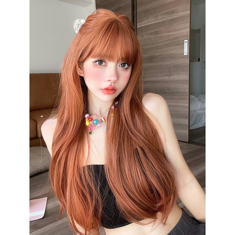 วิกผมยาวตรง สีส้ม พร้อมหน้าม้า วิกผมสังเคราะห์ คอสเพลย์ นุ่ม ยาว สําหรับผู้หญิง ปาร์ตี้ ธรรมชาติ วิกผมทนความร้อน