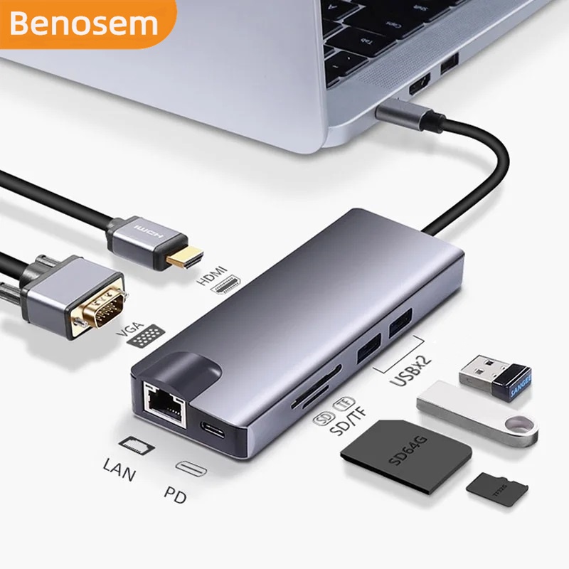 Benosem ฮับ USB C Type C พร้อมช่องอ่าน SD VGA 4K HDMI RJ45 USB 3.0 TF สําหรับ MacBook Pro Air Huawei Mate โทรศัพท์มือถือ แท็บเล็ต