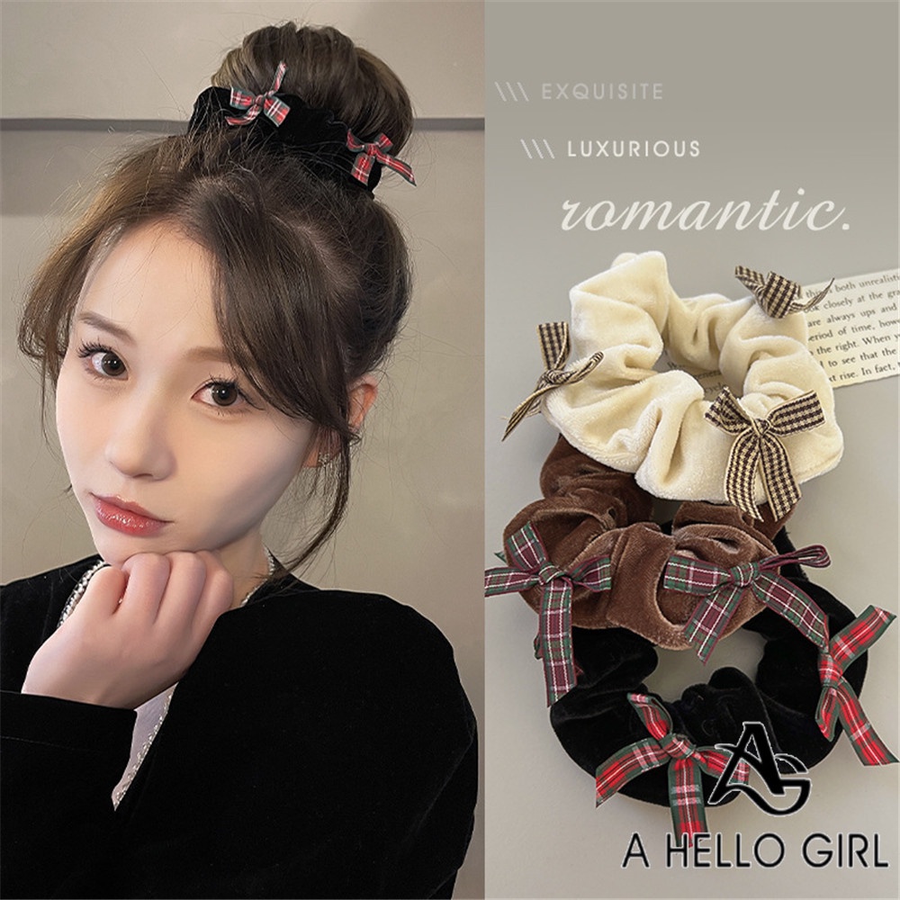 A HELLO GIRL ยางรัดผม ผ้ากํามะหยี่ ลายสก๊อต ประดับโบว์ ขนาดใหญ่ สไตล์เรโทร สําหรับผู้หญิง