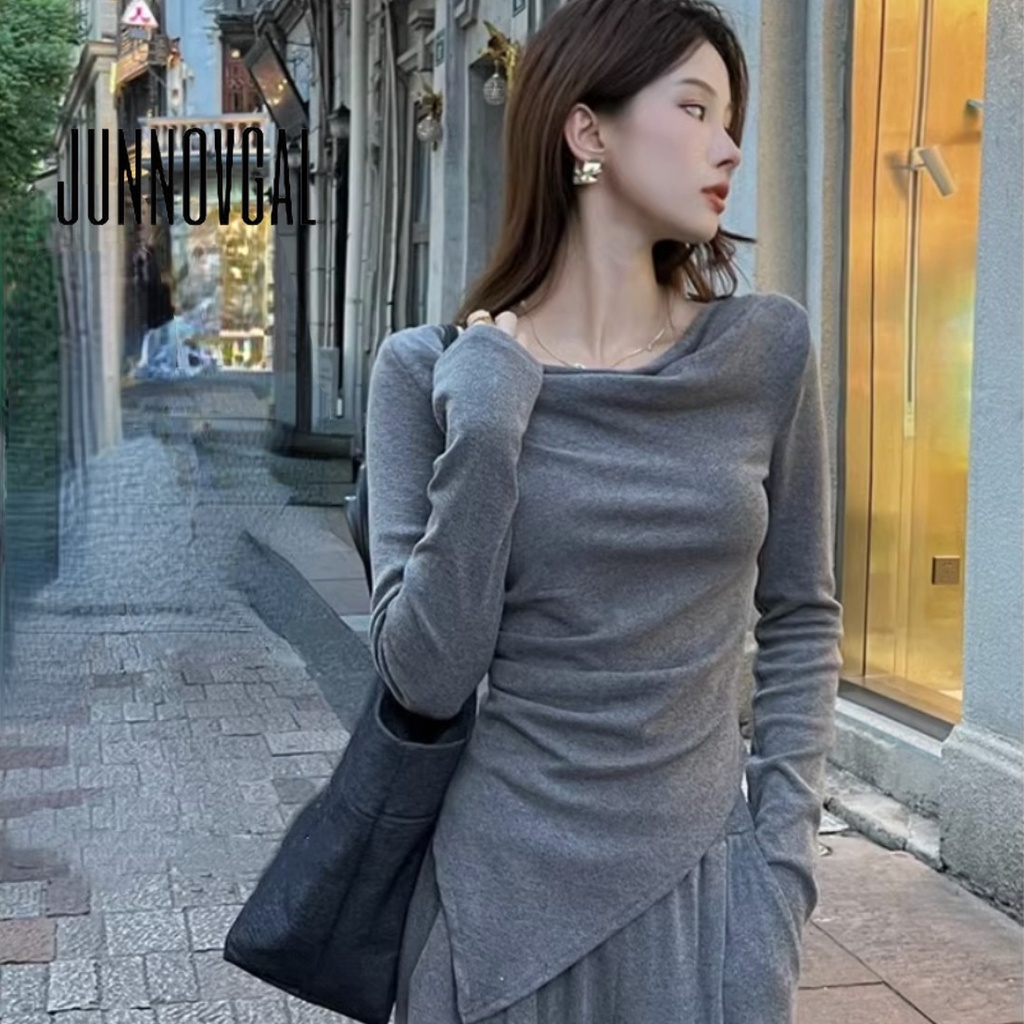 Junnovgal เสื้อยืดแขนยาว เปิดไหล่ เข้ารูป สีพื้น แฟชั่นฤดูหนาว สําหรับผู้หญิง 2024