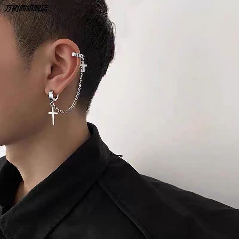 ต่างหู แบบคลิปหนีบ แต่งสายโซ่ สไตล์พังก์ ฮิปฮอป สําหรับผู้ชาย และผู้หญิง