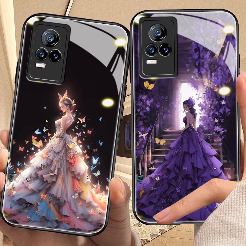 Dmy เคสกระจกนิรภัย ลายเจ้าหญิง สําหรับ vivo y22 y51 y72 y21s y27 y52 y33t y33 y36 y33s y31 y67 y30i y55 y21a y50 y73 y35 y66 y53 y21t y22s y30 4g 5g