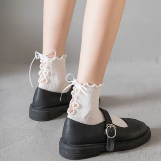 🌈พร้อมส่งจากไทย🧦ถุงเท้าผู้หญิงญี่ปุ่น jk สีทึบ ถุงเท้าลูกไม้โบว์ นุ่ม สบาย