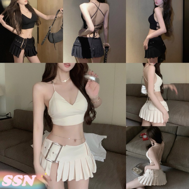 (จัดส่งจากประเทศไทย) ใหม่แฟชั่น Cool สไตล์ผู้หญิง Suspenders แขนกุด กระโปรงสั้นอัดพลีทเซ็กซี่สีดำและสีขาว