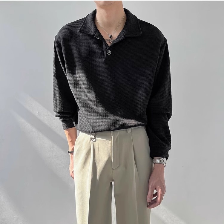 IELGY ฤดูใบไม้ผลิและฤดูใบไม้ร่วงเสื้อยืดแขนยาวผู้ชายคอปกโปโลสไตล์เกาหลีหลวมอินเทรนด์แบรนด์ลําลอง จุดต่ําสุด สูงสุด - รูปที่ 6