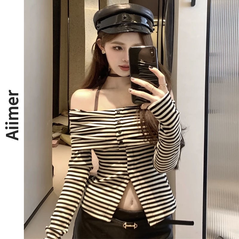 เสื้อยืดแขนยาวลายทางเปิดไหล่ฤดูใบไม้ผลิและฤดูใบไม้ร่วงสําหรับผู้หญิง