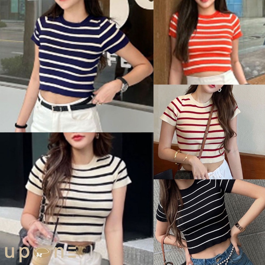 เสื้อครอปแขนสั้นรัดรูป คอกลม เอว เสื้อครอปแฟชั่น