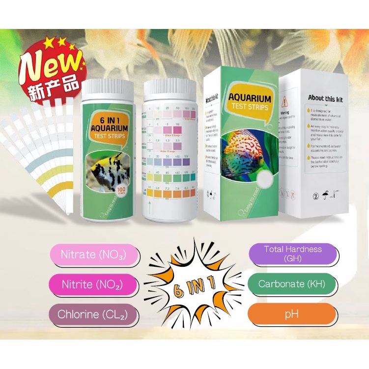 แถบทดสอบตู้ปลา 6in1 Tester [100 Test] [NO3 / NO2 / CL / GH / KH / PH]