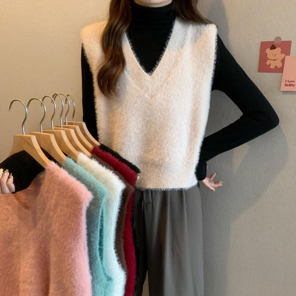 Grace เสื้อกั๊กไหมพรม เสื้อกั๊กกันหนาว คอวี สไตล์ย้อนยุคเกาหลี 910