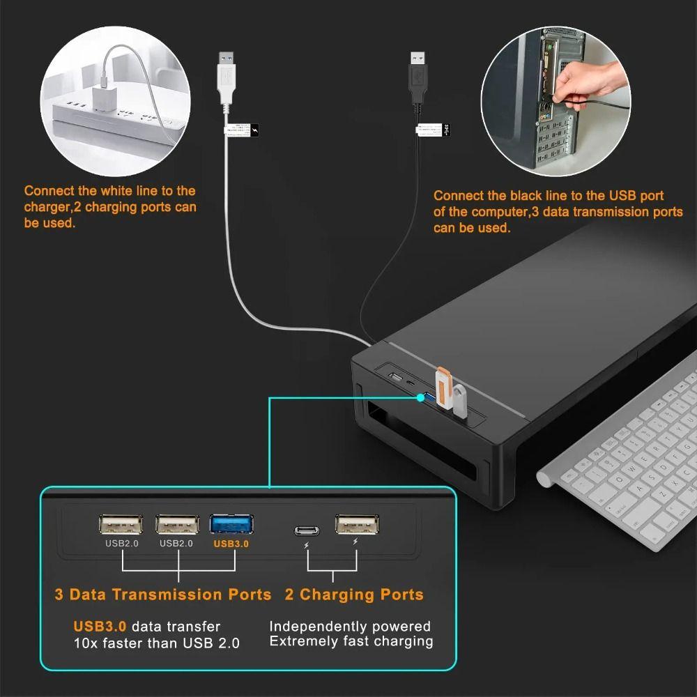Echoglide Monitor Stand Riser พร้อม USB, พร้อมลิ้นชักเก็บขาตั้งคอมพิวเตอร์พับได้, ไฟ RGB ที่วางโทรศัพท์ USB 3.0 & 2.0 Hub คีย์บอร์ดเมาส์ชั้นเก็บสํานักงาน