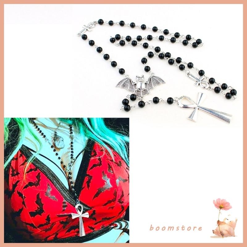 Boom Vampire Ankh Cross Black Bead Bat Necklace Gothic Long Beaded Necklace Choker