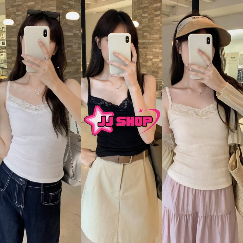 JJ Shop​ ​พร้อมส่ง เสื้อสายเดี่ยว ขอบลูกไม้ น่ารักมาก คอวีเล็กๆ มีฟองน้ำ "FY6841"