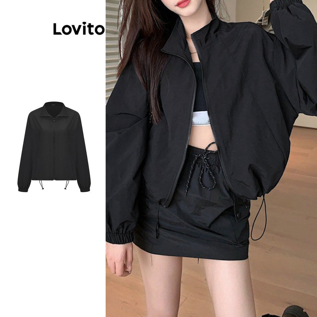 Lovito แจ็คเก็ตเชือกสำหรับผู้หญิงแบบสบาย ๆ ซิปธรรมดากระเป๋ารูดสำหรับผู้หญิง L100MD285
