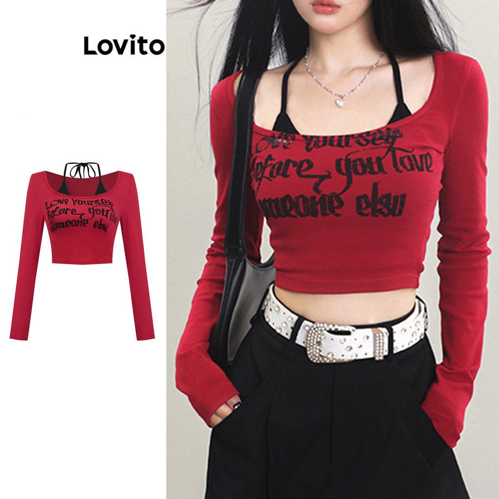 Lovito เสื้อยืดลำลอง 2In1 สำหรับผู้หญิง 102AD467