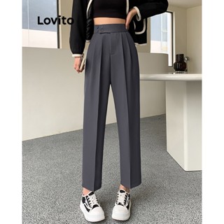 Lovito กางเกงขายาว เรียบง่าย สง่างาม สําหรับผู้หญิง LNE21232 (สีเทาเข้ม)