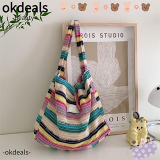 Okdeals กระเป๋าสะพายไหล่ กระเป๋าถือ กระเป๋าช้อปปิ้ง ผ้าถัก ลายทางสีรุ้ง สีสันสดใส สไตล์เรโทร สําหรับเด็กผู้หญิง