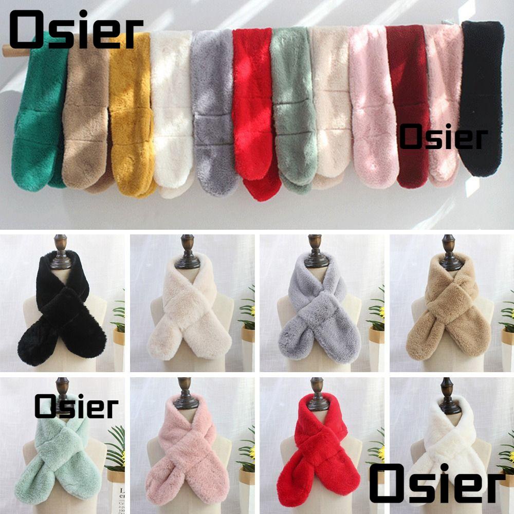 Osier1 ผ้าพันคอ ขนกระต่ายเทียม ขนนิ่ม สีพื้น ผ้าพันคอไขว้ แบบหนา น่ารัก สําหรับเด็กผู้หญิง