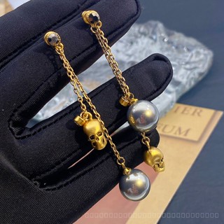 0905YWJB Vintage Skull Silver Pin Earrings European and American Personalized Punk Premium Gray Pearl Bronze Chain Stud Earrings ZW3W