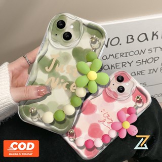 เคสโทรศัพท์มือถือ ซิลิโคน ลายดอกไม้สีเขียว พร้อมสายคล้องมือ สําหรับ OPPO Reno 10 5G Reno 10 Pro Reno 8T 5G Reno 8T 4G Reno 8Z 5G Reno 7Z 5G Reno 8 5G Reno 8 4G Reno 7 4G Reno 6 5G Reno 5 Reno 4F เคส