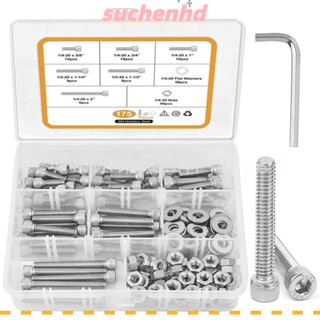 Suchenhd ชุดสกรูซ็อกเก็ตหกเหลี่ยม สเตนเลส 304 สกรูหกเหลี่ยม 6 ขนาด ยาว 5/8 นิ้ว ถึง 2 นิ้ว 175 ชิ้น