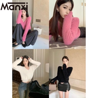 Manxi เสื้อแฟชั่นผู้หญิง เสื้อแขนยาว คลุม ไหมพรม ครอปเสื้อแขนยาว 36Z230908