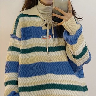  เสื้อกันหนาวลําลอง คอปกโปโล ทรงหลวม ลายทาง สีรุ้ง แฟชั่นคู่รัก สําหรับผู้ชาย