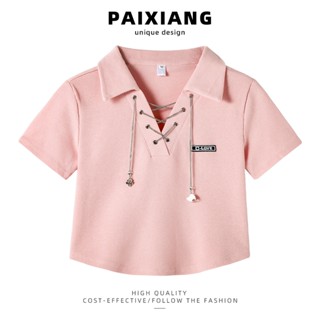 (ฟรีของขวัญ) Paixiang/pink เสื้อโปโล คอปก แขนสั้น โซ่ ฤดูร้อน ใหม่ สําหรับผู้หญิง