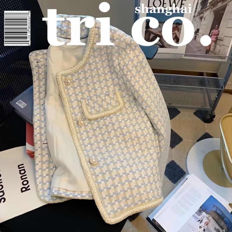 French style coat women houndstooth coat spring and autumn high-end short coat 2024 new style croppe