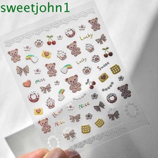 Sweetjohn สติกเกอร์ ลายการ์ตูนหมี สตรอเบอร์รี่น่ารัก สีชมพู สําหรับตกแต่งเล็บ