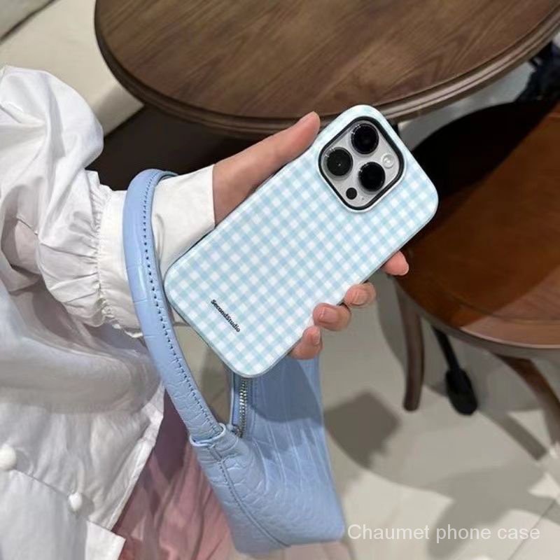 2 in 1 เคสโทรศัพท์มือถือแบบแข็ง กันกระแทก ลายตาราง สีฟ้านม เกลือทะเล สําหรับ Iphone 15Promax 14 13 12